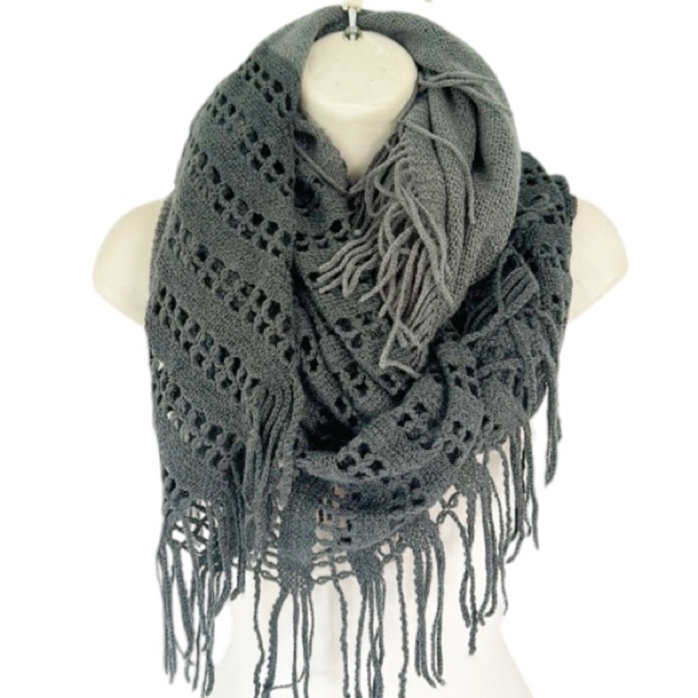 Gray two-tone crochet knit tassel trim infinity style winter scarf one size